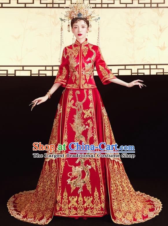 Chinese Traditional Wedding Red Xiu He Suit Embroidered Dragon Phoenix Blouse and Dress Ancient Bride Costumes for Women