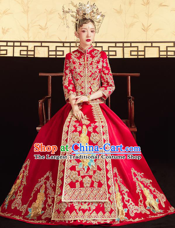 Chinese Traditional Red Bottom Drawer Wedding Embroidered Blouse and Dress Xiu He Suit Ancient Bride Costumes for Women