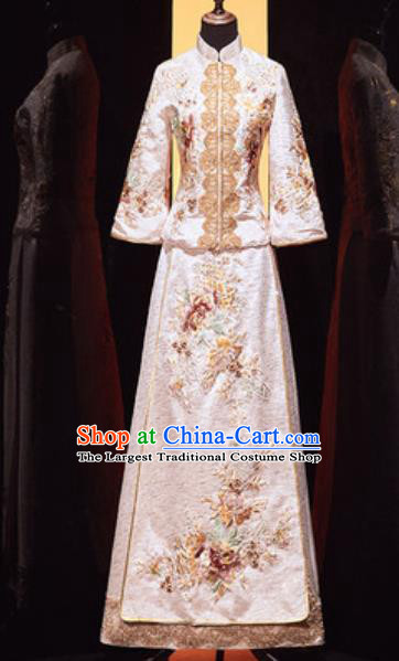 Chinese Traditional Wedding Embroidered Champagne Blouse and Dress Xiu He Suit Bottom Drawer Ancient Bride Costumes for Women