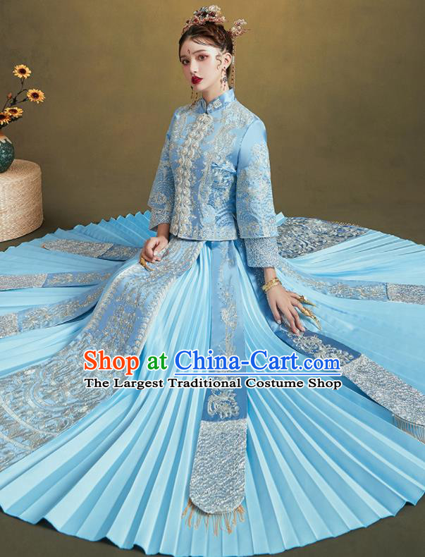 Chinese Traditional Embroidered Blue Bottom Drawer Wedding Blouse and Dress Xiu He Suit Ancient Bride Costumes for Women