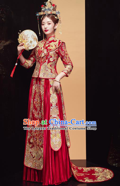 Chinese Traditional Wedding Embroidered Dragon Red Blouse and Dress Xiu He Suit Bottom Drawer Ancient Bride Costumes for Women