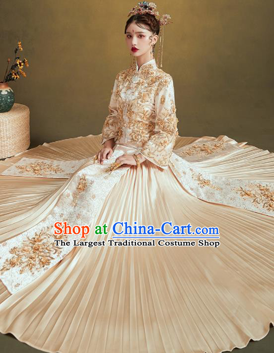 Chinese Traditional Embroidered Champagne Bottom Drawer Wedding Blouse and Dress Xiu He Suit Ancient Bride Costumes for Women