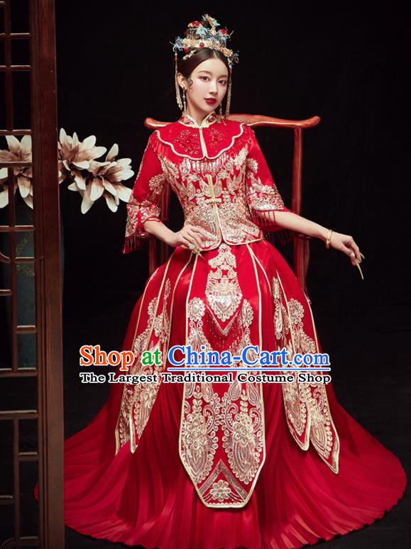 Chinese Traditional Wedding Embroidered Red Blouse and Dress Xiu He Suit Red Bottom Drawer Ancient Bride Costumes for Women