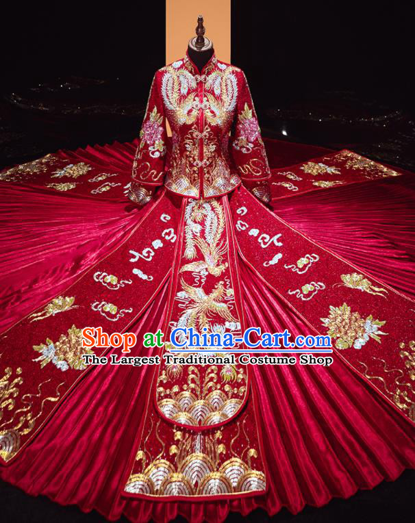 Chinese Traditional Wedding Embroidered Red Blouse and Dress Xiu He Suit Red Drilling Phoenix Bottom Drawer Ancient Bride Costumes for Women