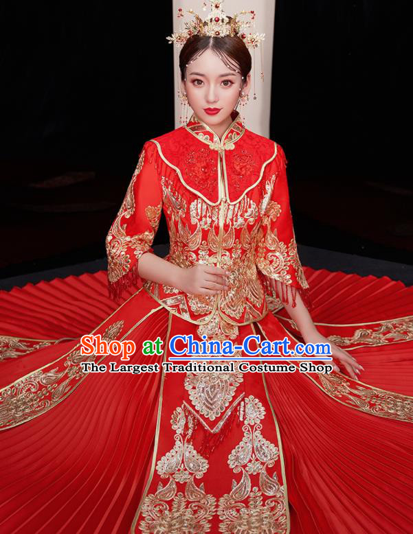 Chinese Traditional Red Xiu He Suit Wedding Embroidered Blouse and Dress Bottom Drawer Ancient Bride Costumes for Women