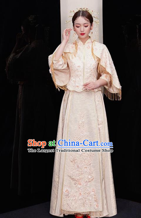 Chinese Traditional White Xiu He Suit Wedding Embroidered Blouse and Dress Bottom Drawer Ancient Bride Costumes for Women