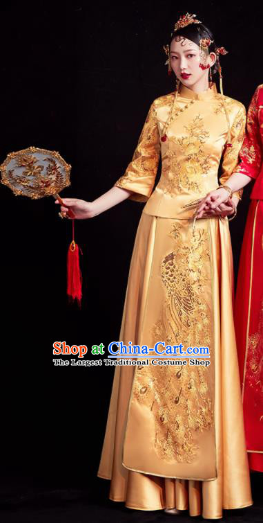 Chinese Traditional Golden Xiu He Suit Wedding Embroidered Peacock Blouse and Dress Bottom Drawer Ancient Bride Costumes for Women