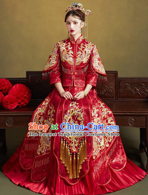 Chinese Traditional Wedding Bottom Drawer Embroidered Phoenix Blouse and Dress Xiu He Suit Ancient Bride Costumes for Women