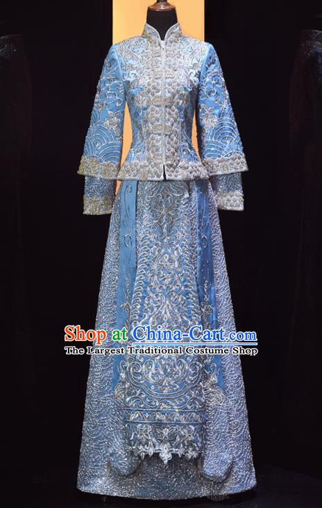 Chinese Traditional Drilling Blue Xiu He Suit Wedding Embroidered Blouse and Dress Bottom Drawer Ancient Bride Costumes for Women