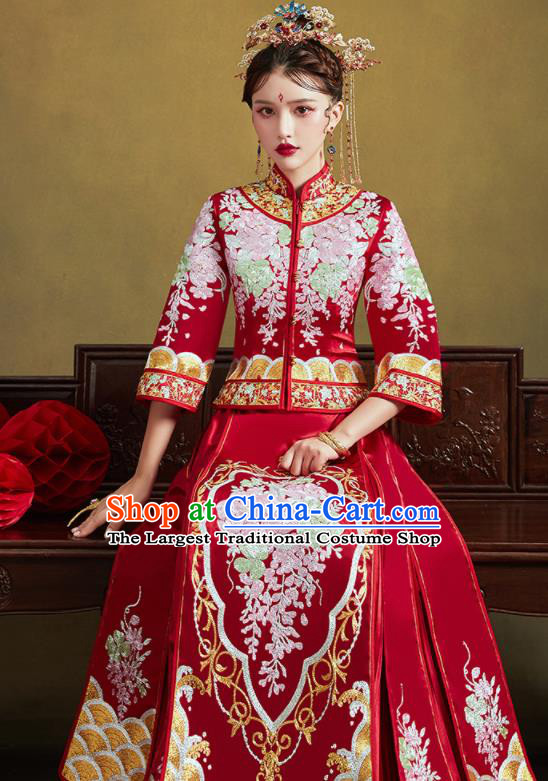 Chinese Traditional Wedding Bottom Drawer Embroidered Wisteria Blouse and Dress Xiu He Suit Ancient Bride Costumes for Women