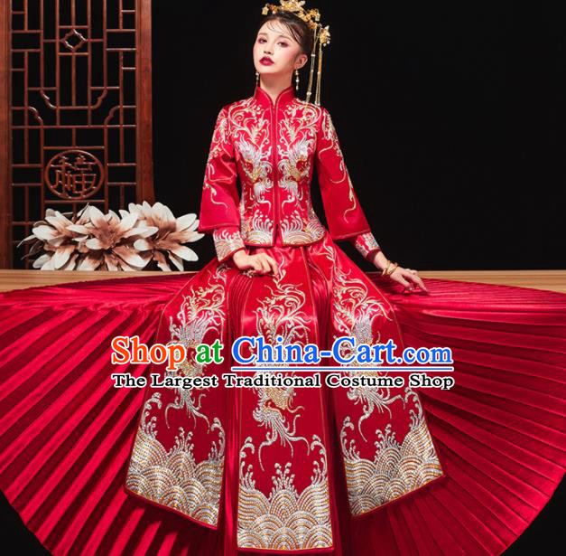 Chinese Traditional Bride Embroidered Drilling Phoenix Red Xiu He Suit Wedding Blouse and Dress Bottom Drawer Ancient Costumes for Women