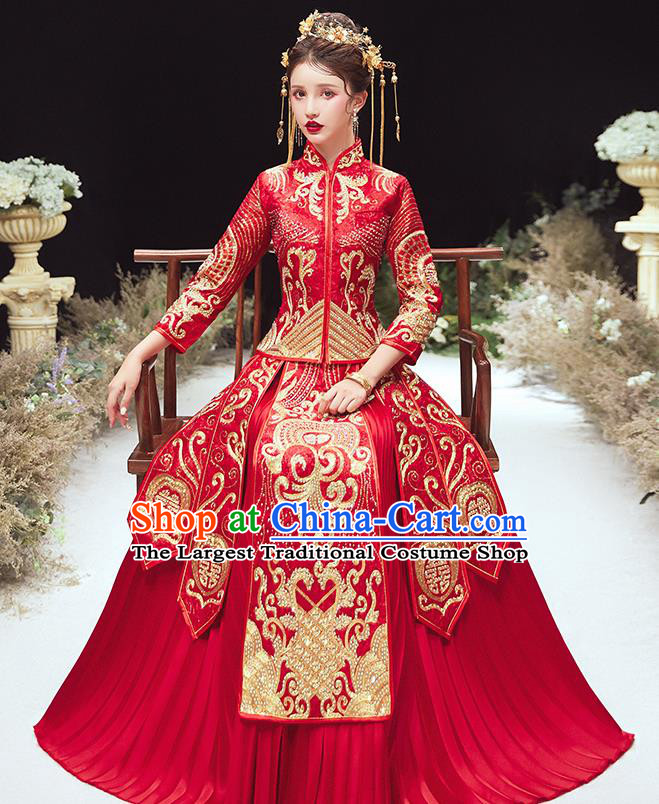 Chinese Traditional Bride Embroidered Red Xiu He Suit Wedding Blouse and Dress Bottom Drawer Ancient Costumes for Women