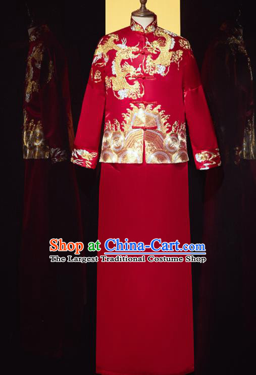 Chinese Ancient Bridegroom Embroidered Phoenix Dragon Red Mandarin Jacket and Gown Traditional Wedding Tang Suit Costumes for Men