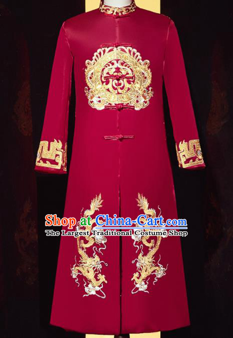 Chinese Ancient Bridegroom Embroidered Double Dragon Red Mandarin Jacket Traditional Wedding Tang Suit Costumes for Men