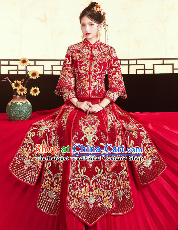 Chinese Traditional Bride Embroidered Red Xiu He Suit Wedding Blouse and Dress Bottom Drawer Ancient Costumes for Women