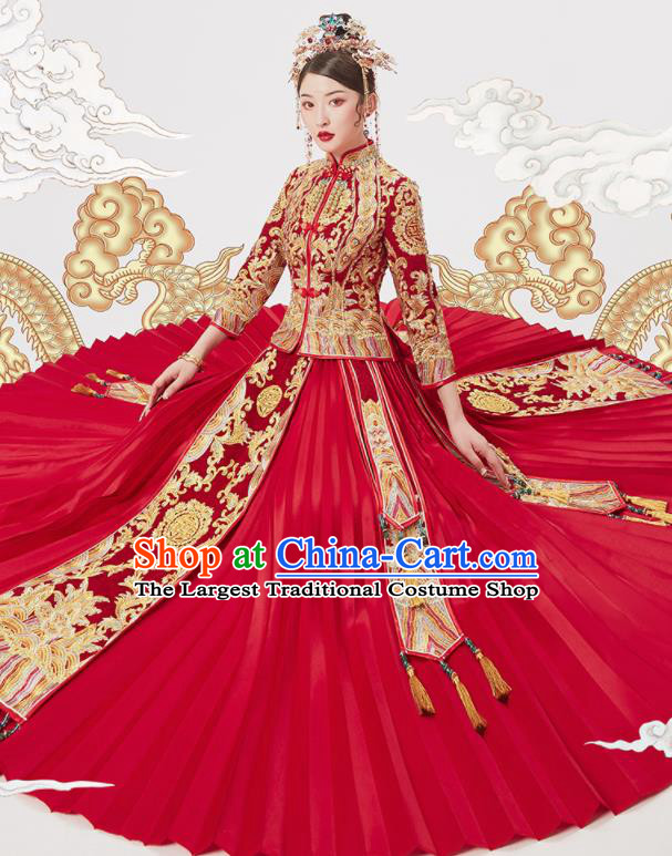 Chinese Traditional Wedding Embroidered Blouse and Dress Red Bottom Drawer Xiu He Suit Ancient Bride Costumes for Women