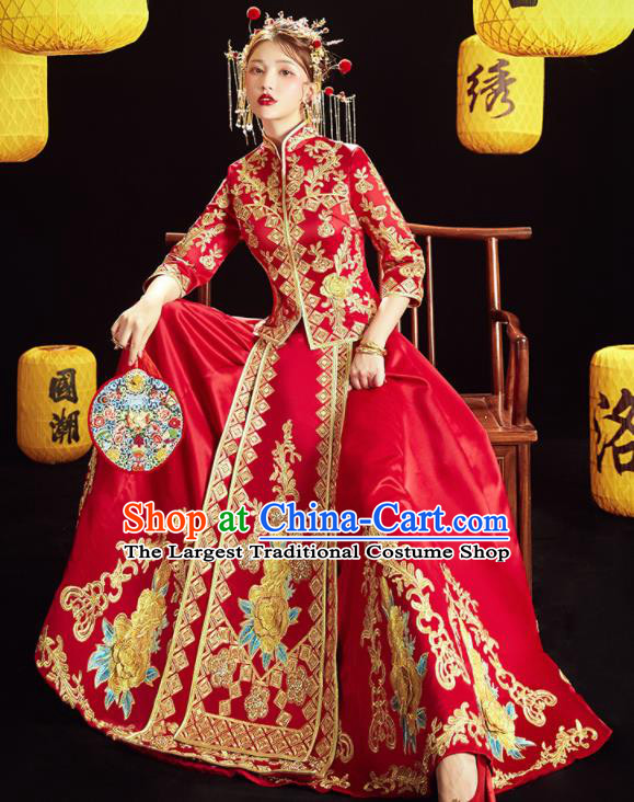 Chinese Traditional Wedding Embroidered Golden Peony Blouse and Dress Red Bottom Drawer Xiu He Suit Ancient Bride Costumes for Women