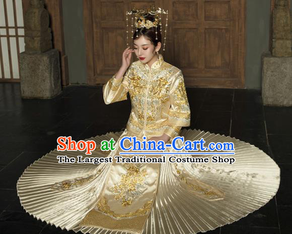 Chinese Traditional Wedding Golden Bottom Drawer Embroidered Blouse and Dress Xiu He Suit Ancient Bride Costumes for Women