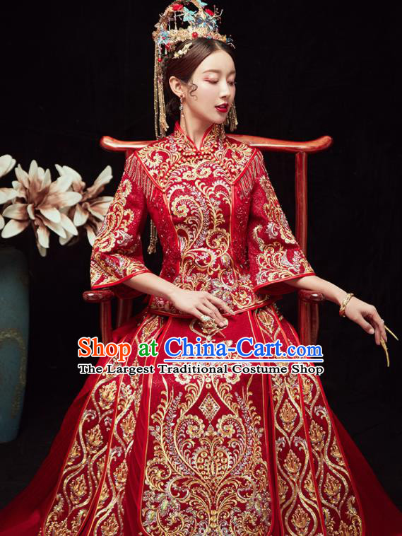 Chinese Traditional Wedding Red Bottom Drawer Embroidered Beads Blouse and Dress Xiu He Suit Ancient Bride Costumes for Women