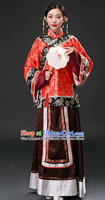 Chinese Ancient Qing Dynasty Rich Concubine Red Blouse and Brown Skirt Traditional Patrician Mistress Costumes for Women