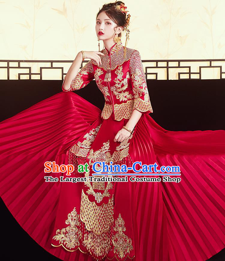 Chinese Traditional Bride Embroidered Red Xiu He Suit Wedding Blouse and Dress Bottom Drawer Ancient Costumes for Women