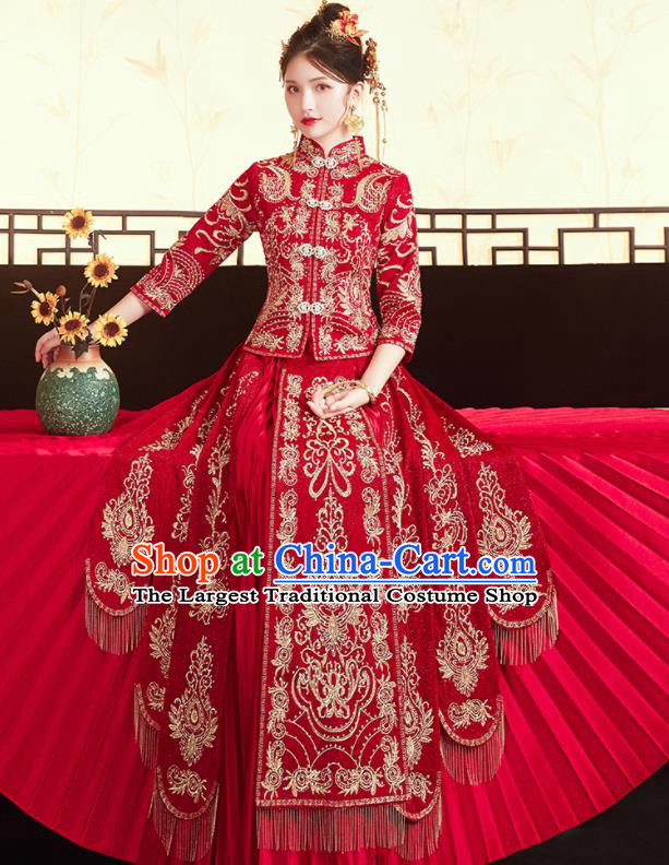 Chinese Traditional Ancient Bride Costumes Embroidered Drilling Xiu He Suit Wedding Blouse and Dress Bottom Drawer for Women