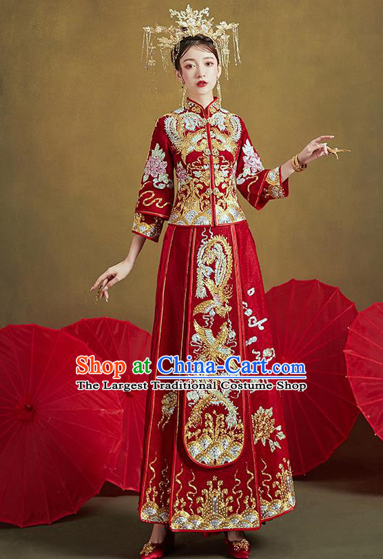 Chinese Traditional Ancient Bride Costumes Embroidered Drilling Phoenix Red Xiu He Suit Wedding Blouse and Dress Bottom Drawer for Women