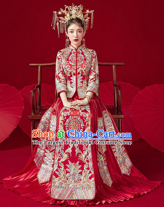 Chinese Traditional Ancient Bride Embroidered Drilling Costumes Red Xiu He Suit Wedding Blouse and Dress Bottom Drawer for Women