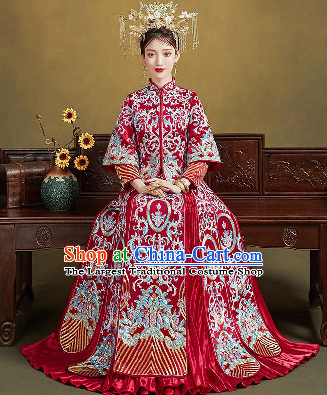 Chinese Traditional Ancient Bride Drilling Embroidered Costumes Red Xiu He Suit Wedding Blouse and Dress Bottom Drawer for Women