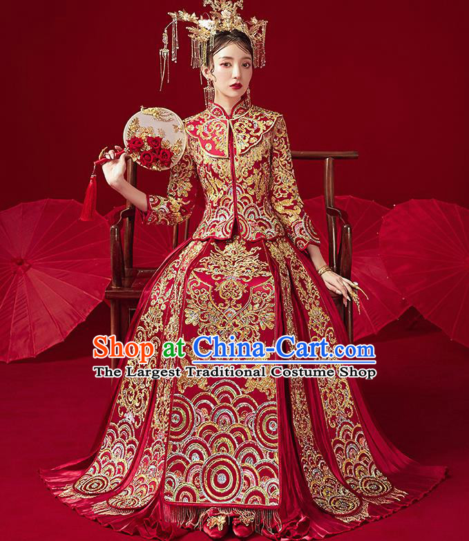 Chinese Ancient Bride Embroidered Drilling Costumes Red Xiu He Suit Wedding Blouse and Dress Traditional Bottom Drawer for Women