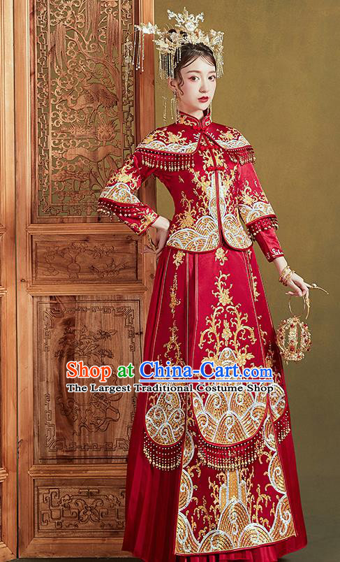 Chinese Ancient Bride Embroidered Costumes Drilling Waves Red Xiu He Suit Wedding Blouse and Dress Traditional Bottom Drawer for Women