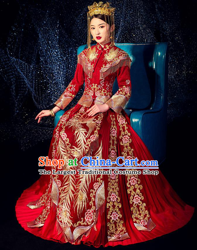 Chinese Ancient Bride Embroidered Phoenix Peony Costumes Diamante Red Xiu He Suit Wedding Blouse and Dress Traditional Bottom Drawer for Women