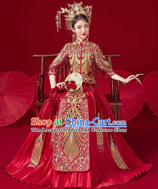 Chinese Traditional Ancient Bride Golden Drilling Embroidered Costumes Red Xiu He Suit Wedding Blouse and Dress Bottom Drawer for Women