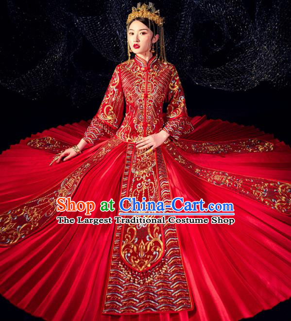 Chinese Ancient Bride Embroidered Beads Costumes Diamante Red Xiu He Suit Wedding Blouse and Dress Traditional Bottom Drawer for Women