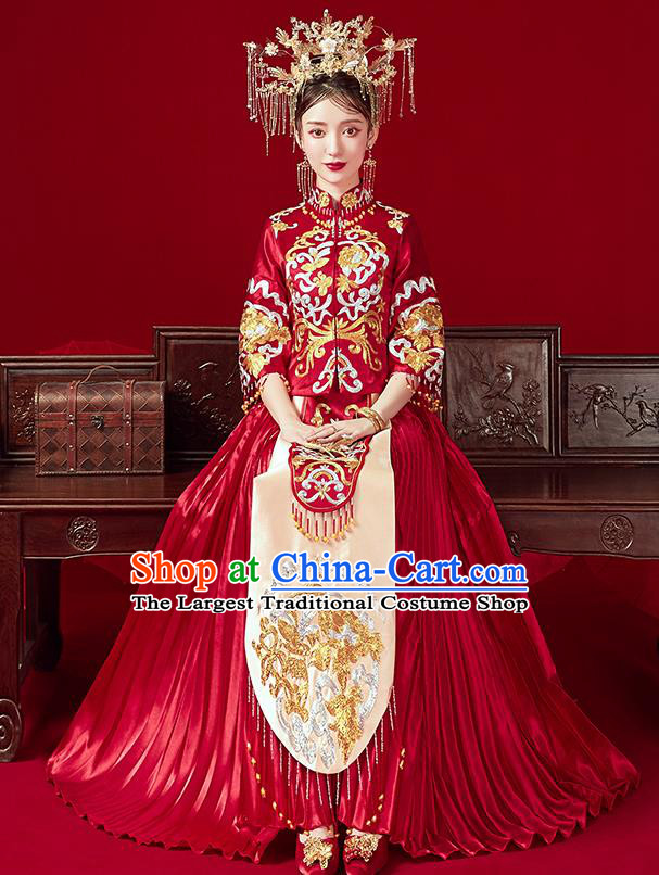 Chinese Traditional Ancient Bride Embroidered Costumes Red Xiu He Suit Wedding Blouse and Dress Bottom Drawer for Women