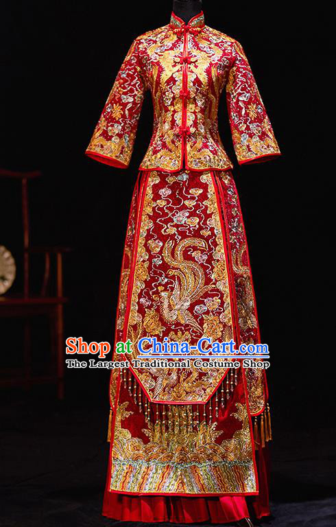 Chinese Ancient Bride Embroidered Phoenix Costumes Diamante Xiu He Suit Wedding Blouse and Dress Traditional Bottom Drawer for Women