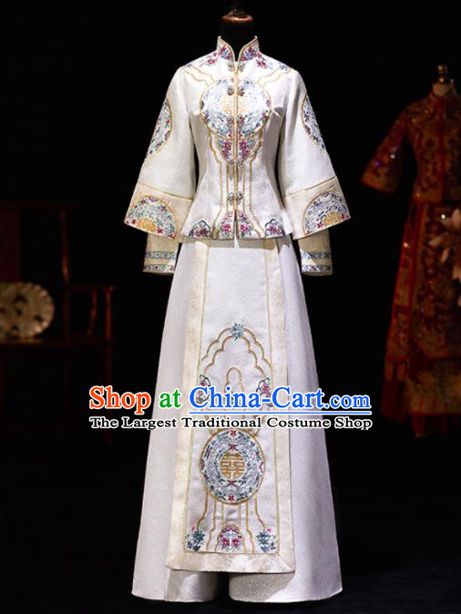 Chinese Ancient Bride Embroidered White Costumes Diamante Xiu He Suit Wedding Blouse and Dress Traditional Bottom Drawer for Women