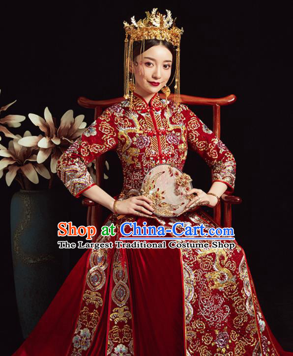 Chinese Ancient Bride Embroidered Costumes Diamante Dragon Red Xiu He Suit Wedding Blouse and Dress Traditional Bottom Drawer for Women