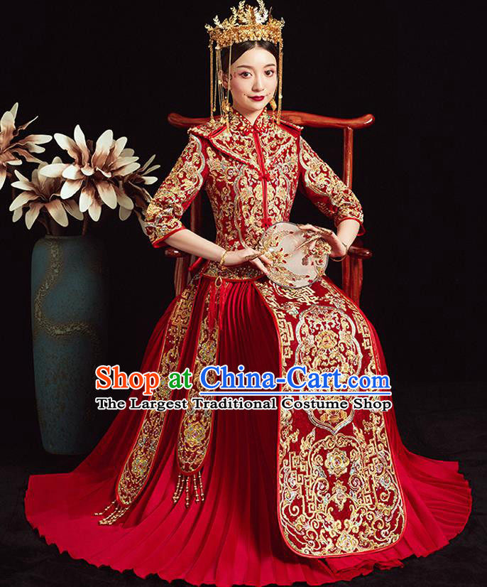 Chinese Ancient Bride Embroidered Peony Red Costumes Diamante Xiu He Suit Wedding Blouse and Dress Traditional Bottom Drawer for Women