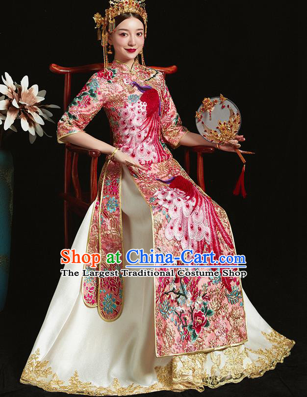 Chinese Ancient Bride Embroidered Peacock Pink Costumes Xiu He Suit Wedding Blouse and Dress Traditional Bottom Drawer for Women