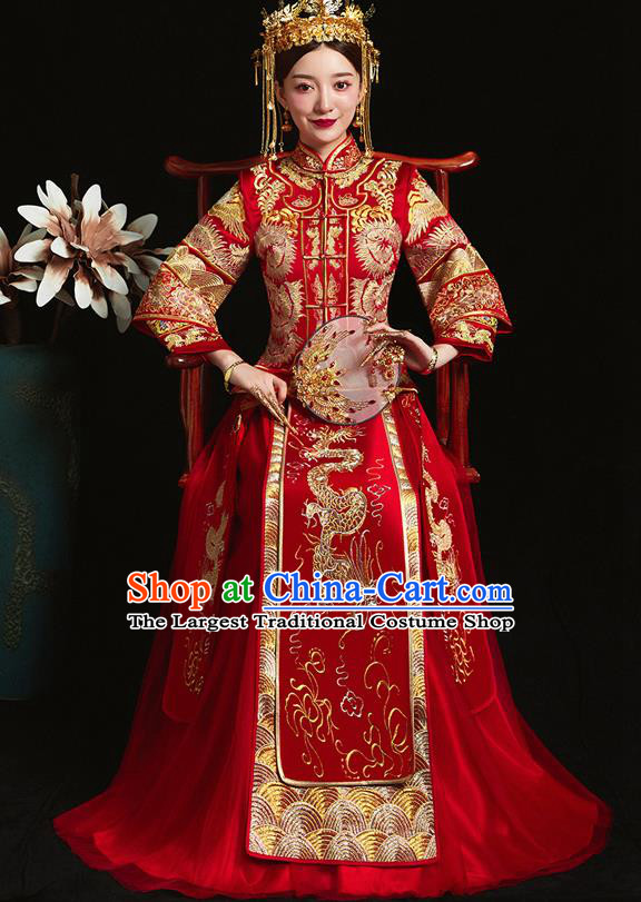 Chinese Ancient Bride Embroidered Dragon Red Xiu He Suit Wedding Costumes Blouse and Dress Traditional Bottom Drawer for Women