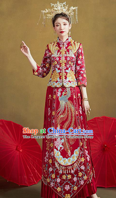 Chinese Traditional Ancient Bride Embroidered Costumes Drilling Phoenix Peony Red Xiu He Suit Wedding Blouse and Dress Bottom Drawer for Women