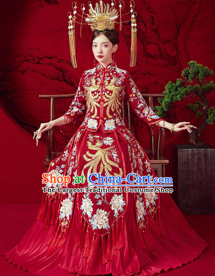 Chinese Ancient Embroidered Phoenix Peony Blouse and Dress Traditional Bride Red Xiu He Suit Wedding Costumes for Women