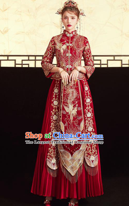 Chinese Ancient Embroidered Phoenix Drilling Blouse and Dress Traditional Bride Red Xiu He Suit Wedding Costumes for Women