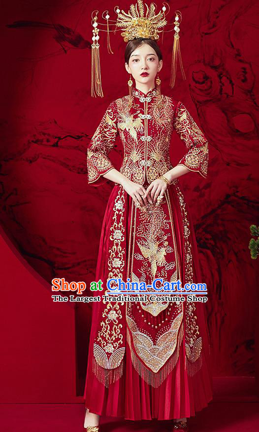 Chinese Ancient Embroidered Phoenix Blouse and Dress Traditional Bride Red Drilling Xiu He Suit Wedding Costumes for Women