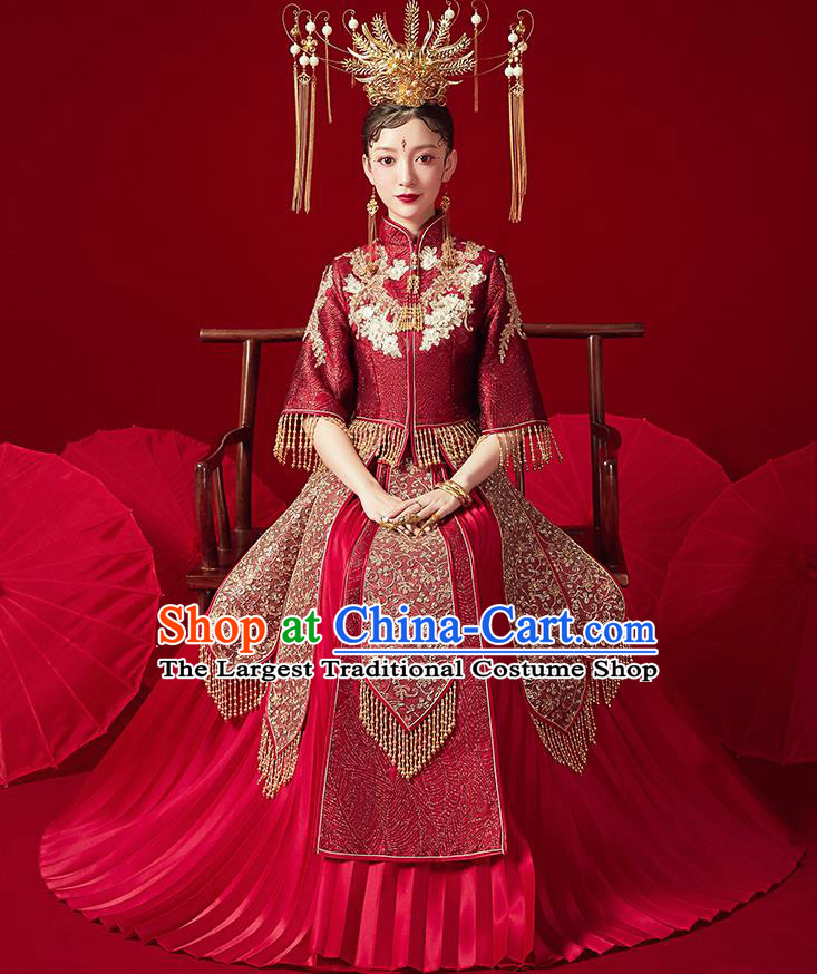 Chinese Ancient Embroidered Drilling Blouse and Dress Traditional Bride Xiu He Suit Wedding Costumes for Women