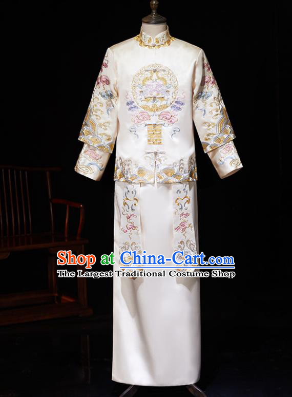 Chinese Ancient Bridegroom Embroidered Peony White Mandarin Jacket and Gown Traditional Wedding Tang Suit Costumes for Men