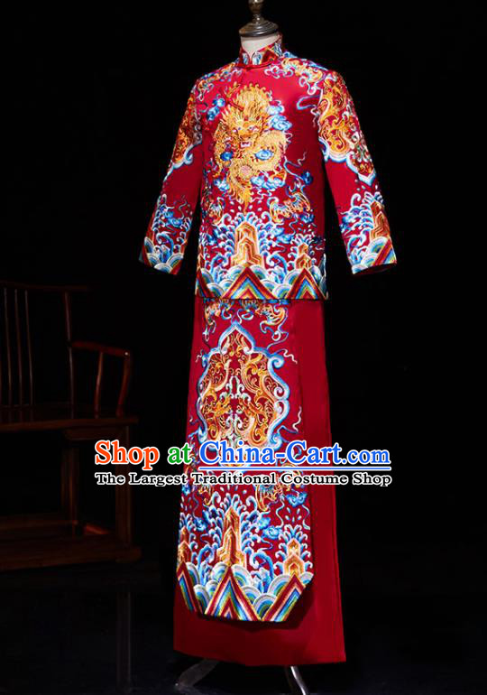 Chinese Ancient Bridegroom Embroidered Wave Dragon Red Mandarin Jacket and Gown Traditional Wedding Tang Suit Costumes for Men