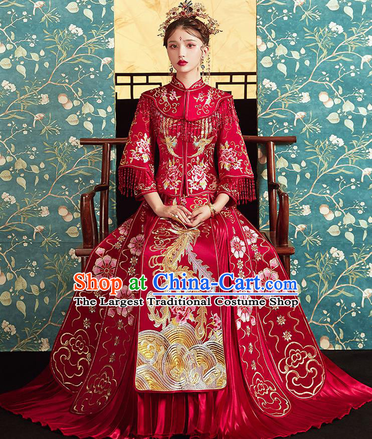 Chinese Ancient Embroidered Phoenix Peony Blouse and Dress Traditional Bride Red Xiu He Suit Wedding Costumes for Women