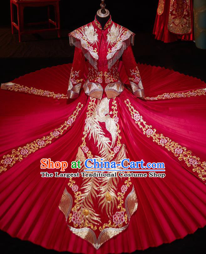 Chinese Ancient Wedding Embroidered Phoenix Peony Red Blouse and Dress Traditional Bride Xiu He Suit Costumes for Women